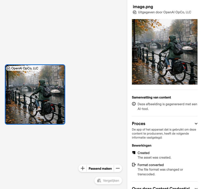 De Content Credentials-checker toont dat het ChatGPT-beeld is uitgegeven door OpenAI en met AI is gemaakt