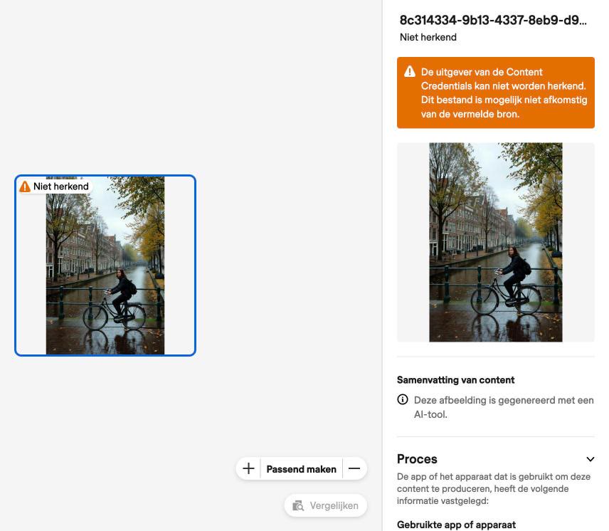 De Content Credentials-checker geeft bij het Grok-beeld de waarschuwing dat de uitgever niet wordt herkend