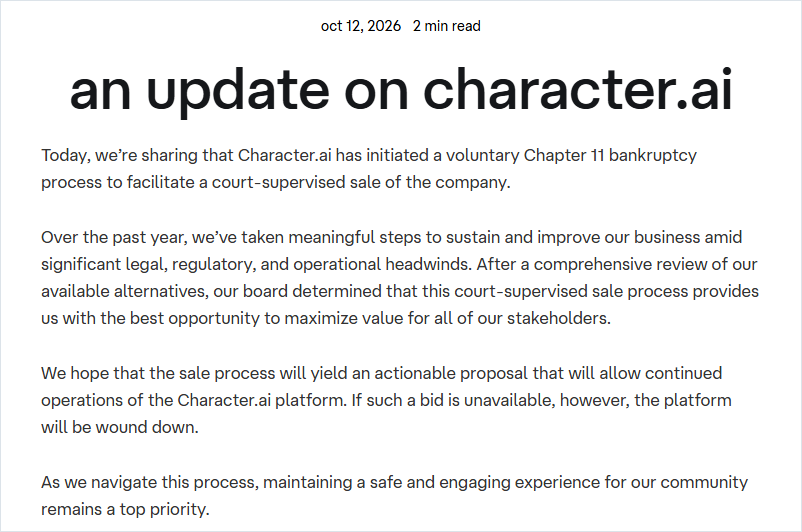 Character.AI files for bankruptcy, Disney as buyer