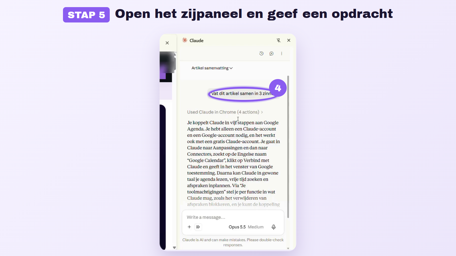 Stap 5: Claude vat in het zijpaneel een artikel samen