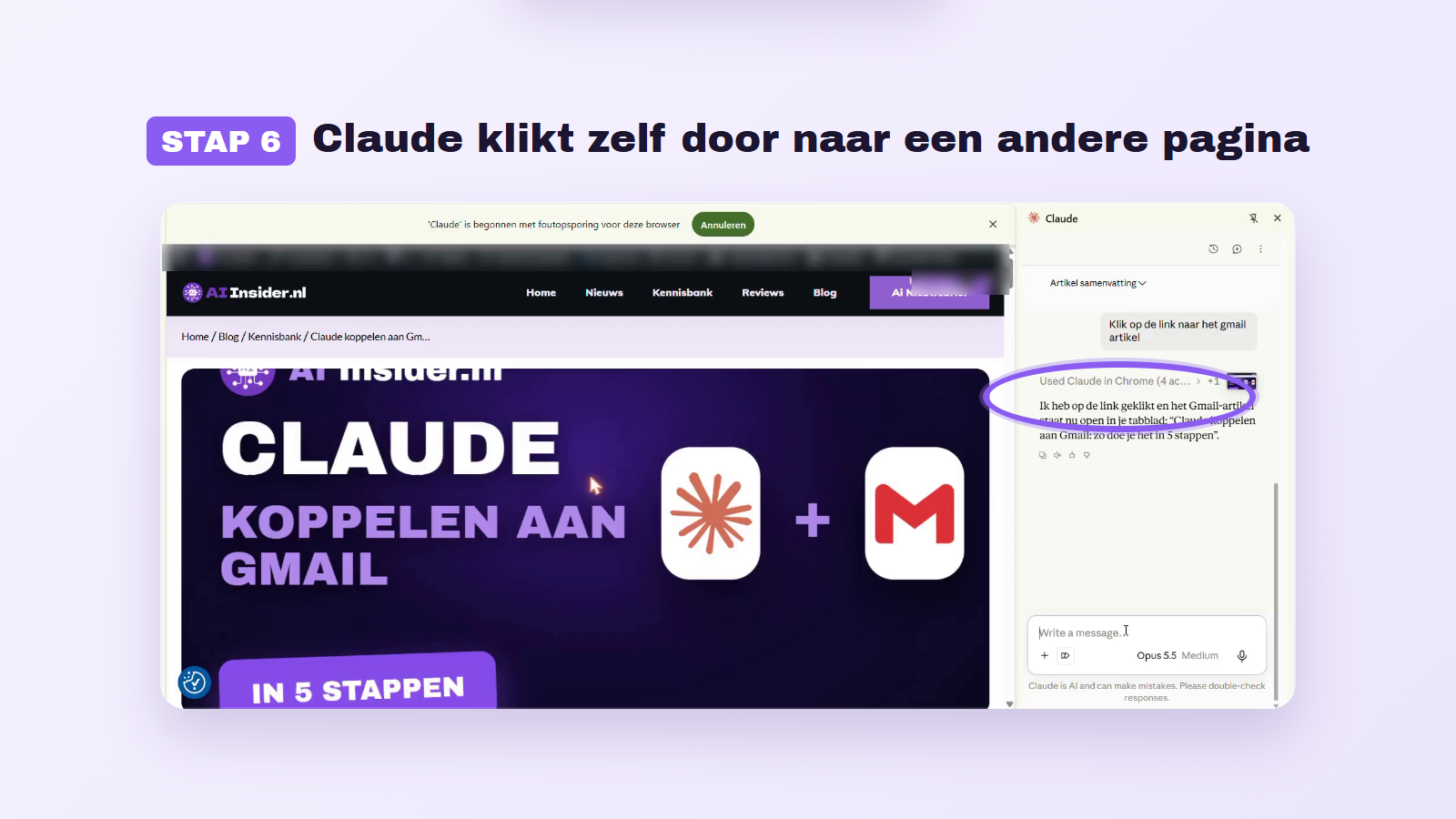 Claude klikt zelf op een link en opent het Gmail-artikel