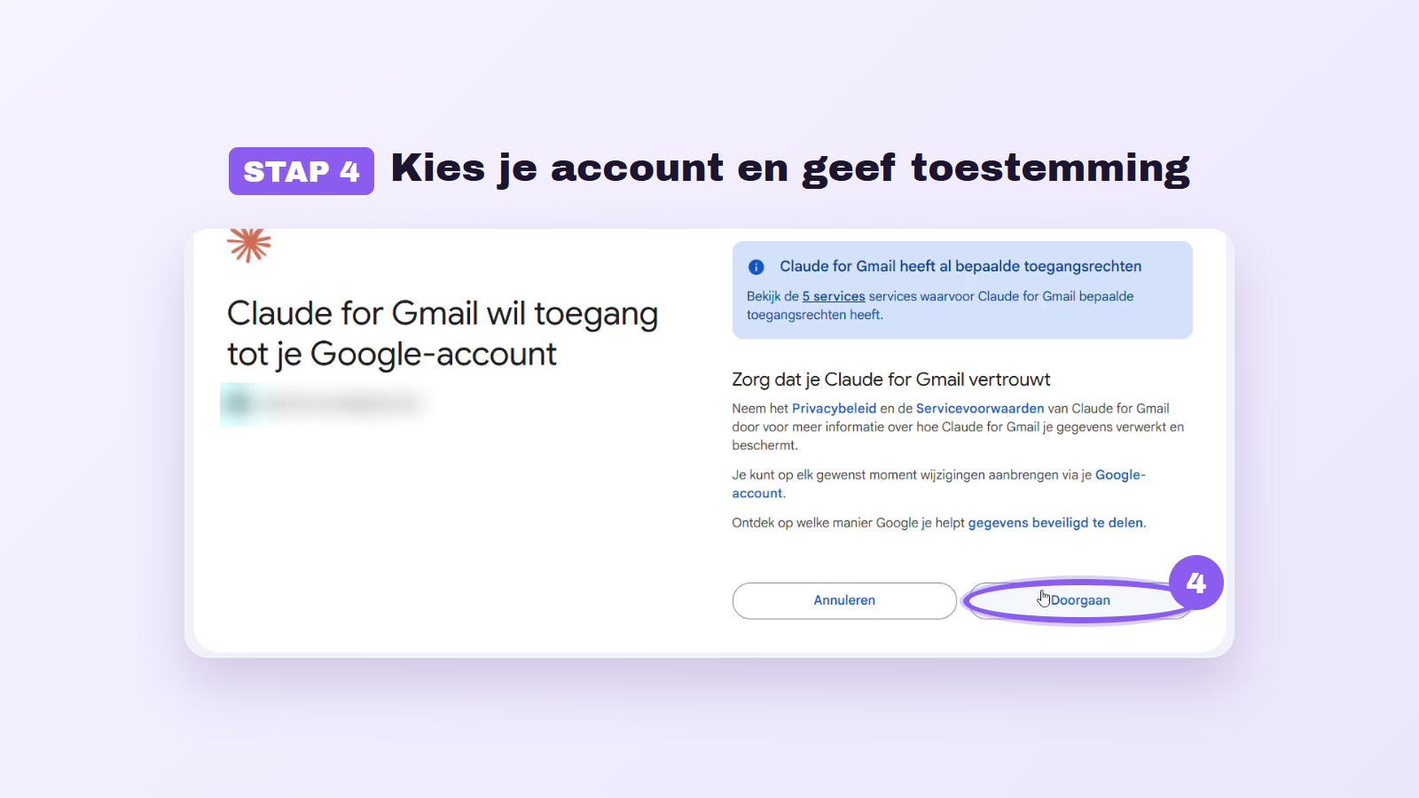 Stap 4: kies je Google-account en geef Claude toestemming