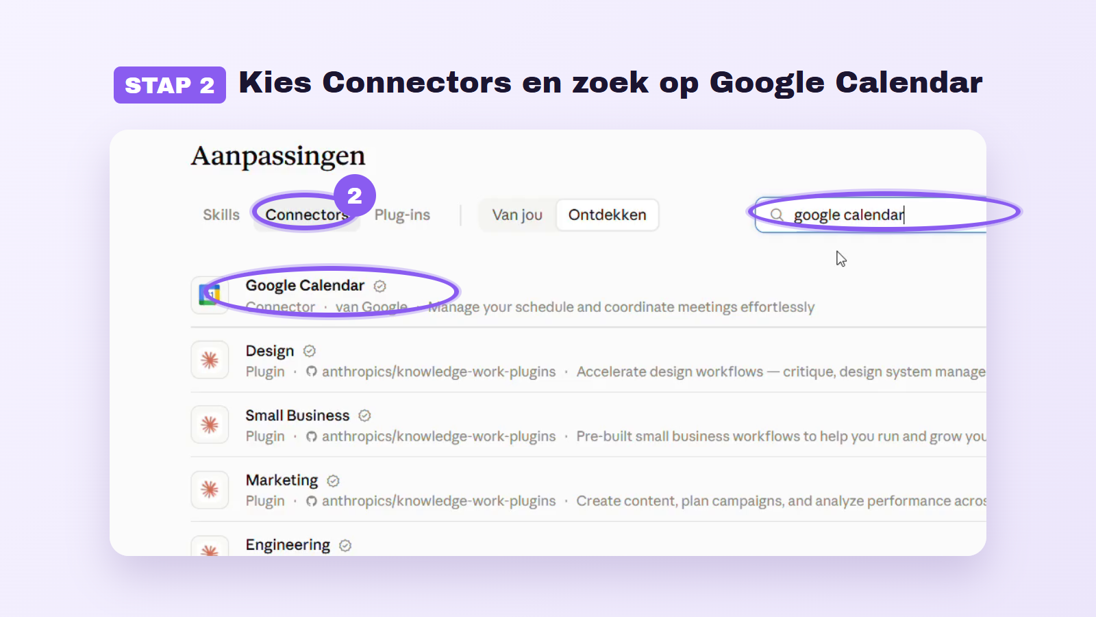 Stap 2: kies Connectors en zoek op Google Calendar