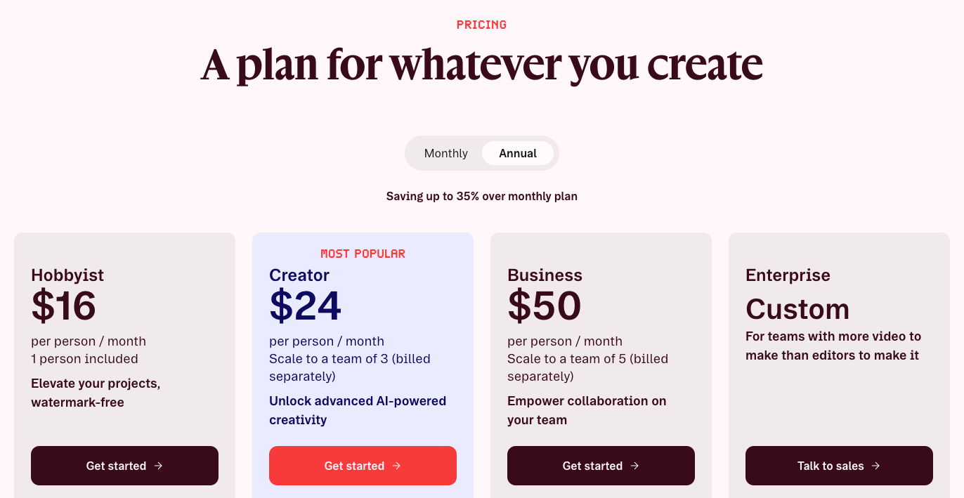 Descript prijzen: Hobbyist $16, Creator $24 en Business $50 per persoon per maand bij jaarbetaling