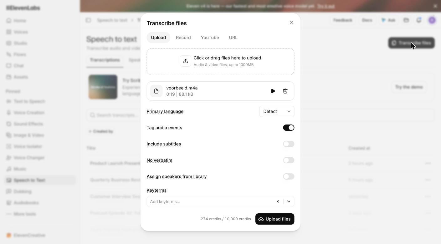Audio transcriberen: zo zet je een opname gratis om in tekst 2 Een audiobestand uploaden in het venster Transcribe files van ElevenLabs