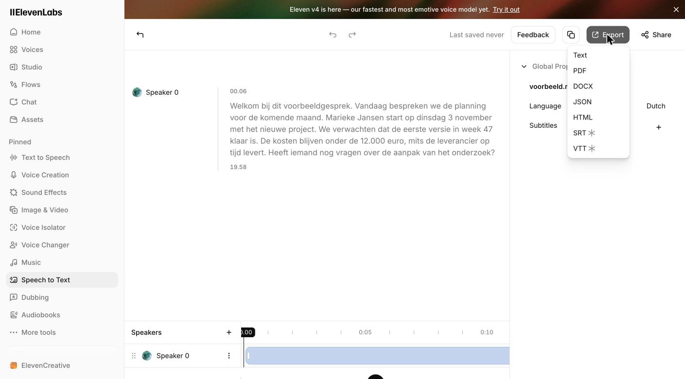 Audio transcriberen: zo zet je een opname gratis om in tekst 5 Het exportmenu van ElevenLabs met de opties Text, PDF, DOCX, JSON en HTML