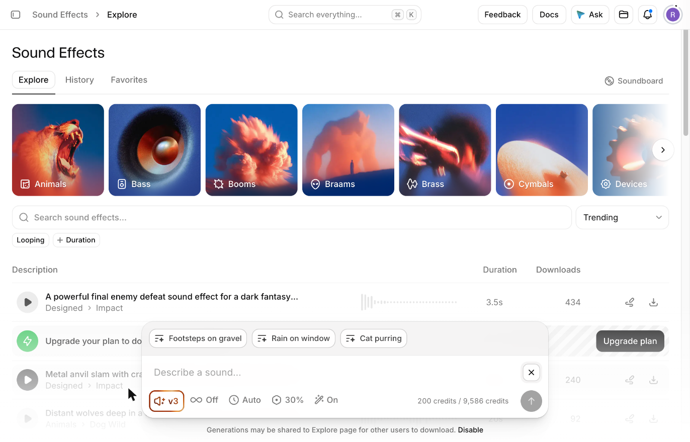 ElevenLabs Sound Effects om geluidseffecten te maken met AI door een geluid te beschrijven: categorieën zoals Animals, Bass en Booms en een invoerveld dat 200 credits per effect kost