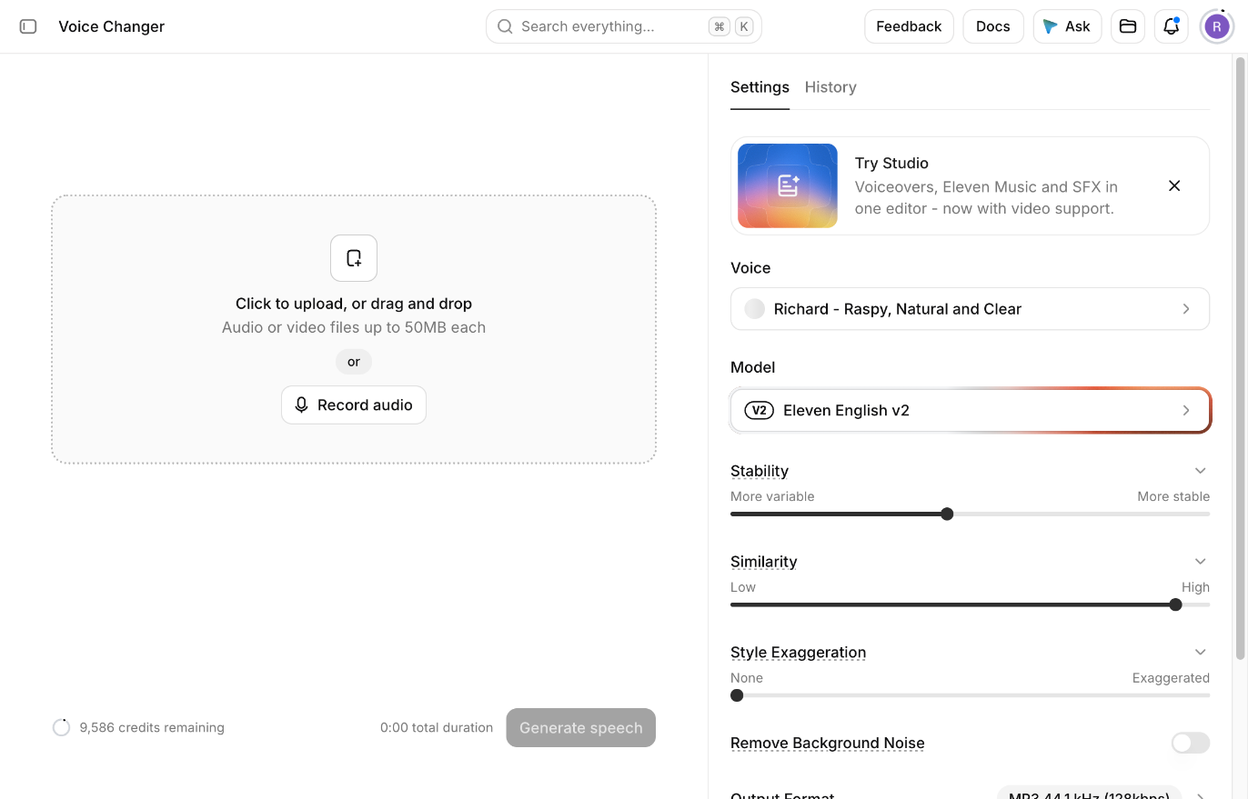ElevenLabs Voice Changer om een stem om te zetten: audio of video tot 50 MB uploaden of opnemen, met de instellingen Stability, Similarity en Style Exaggeration en de optie om achtergrondgeluid te verwijderen