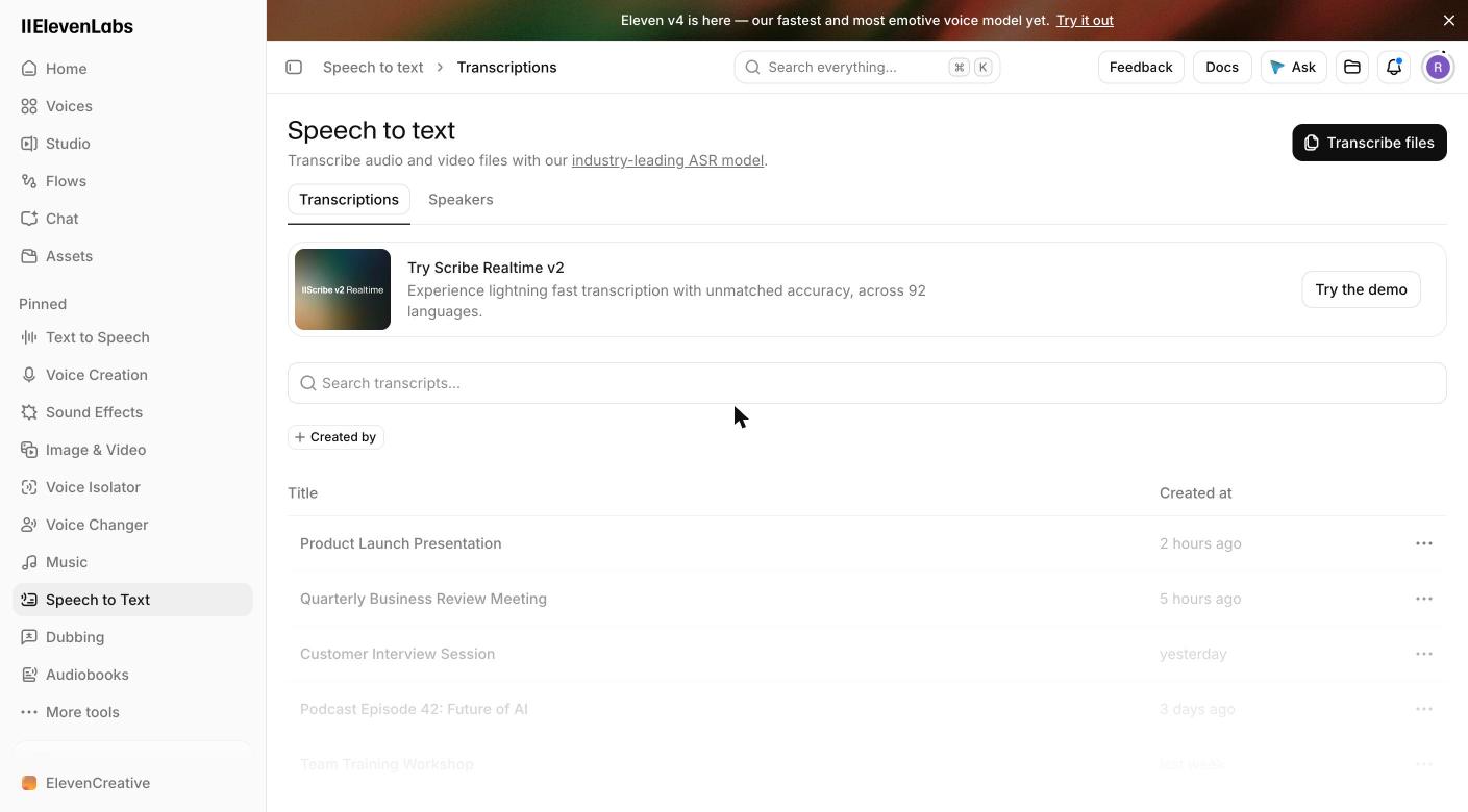 Audio transcriberen: zo zet je een opname gratis om in tekst 1 Het overzicht van Speech to Text in ElevenLabs met de knop Transcribe files