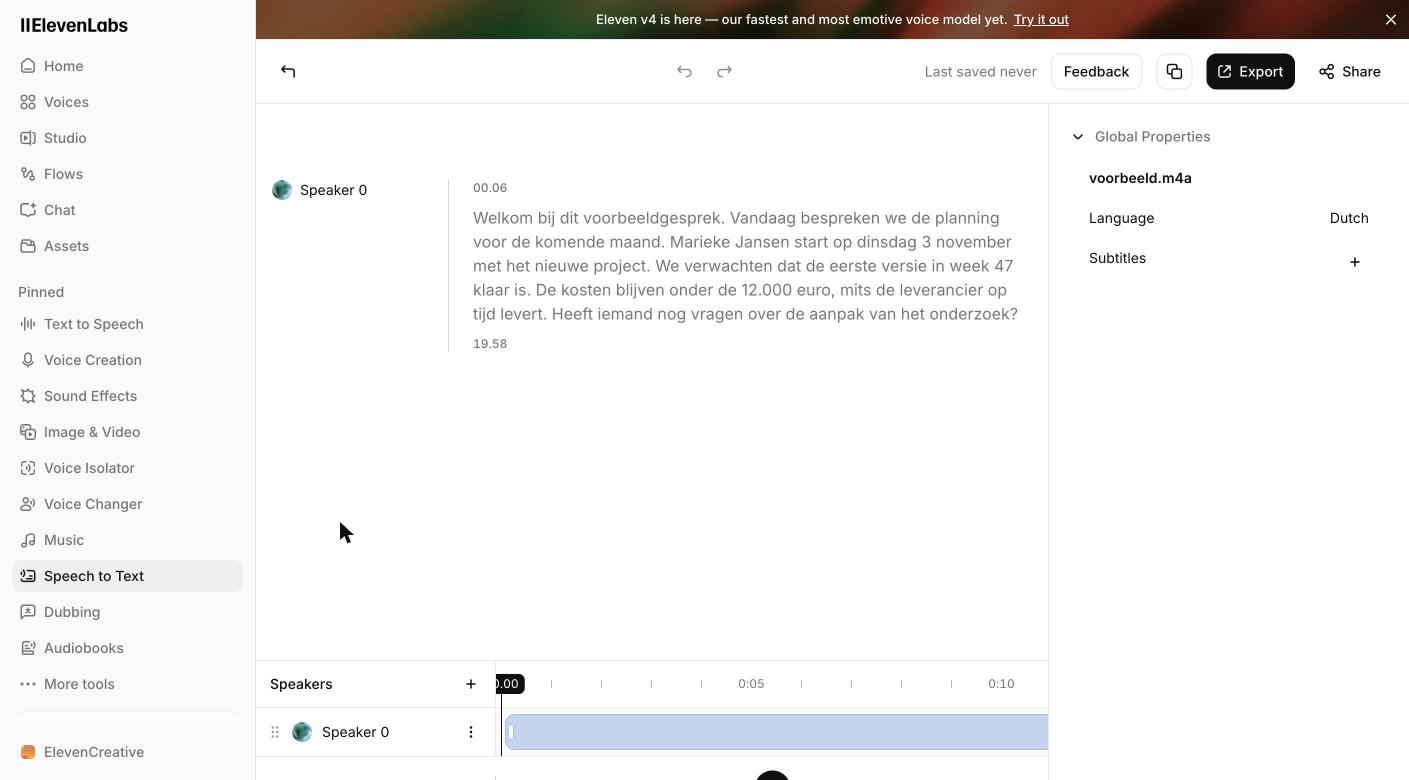 Audio transcriberen: zo zet je een opname gratis om in tekst 4 De transcriptie van een Nederlandse opname in ElevenLabs met sprekerlabel en tijdstempel