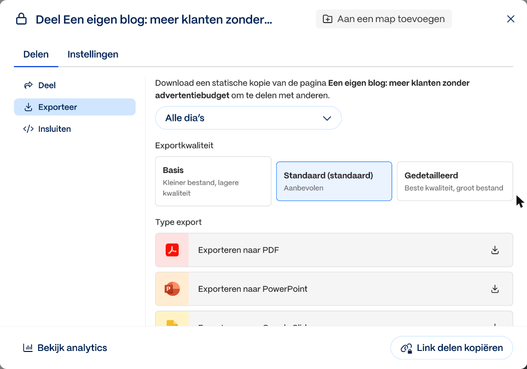 Gamma AI review: onze ervaring met de AI-presentatiemaker 5 Gamma AI exportvenster met PDF, PowerPoint, Google Slides en drie kwaliteitsniveaus