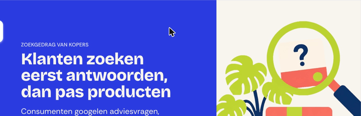 Gamma AI review: onze ervaring met de AI-presentatiemaker 3 Gamma AI slide met de kop Klanten zoeken eerst antwoorden, dan pas producten