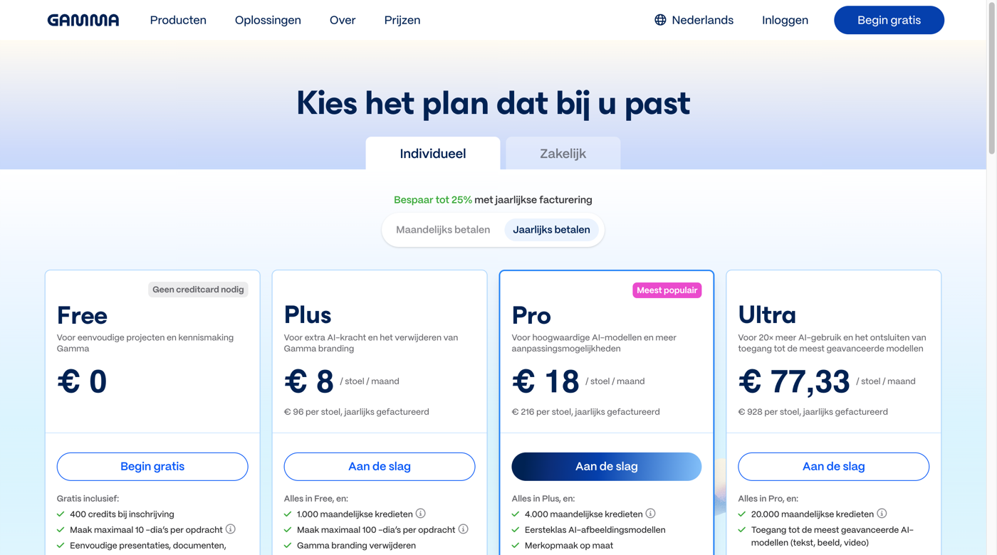 Gamma AI review: onze ervaring met de AI-presentatiemaker 4 Prijspagina van Gamma AI met de plannen Free, Plus, Pro en Ultra: Free ā¬0, Plus ā¬8, Pro ā¬18 en Ultra ā¬77,33 per gebruiker per maand bij jaarbetaling