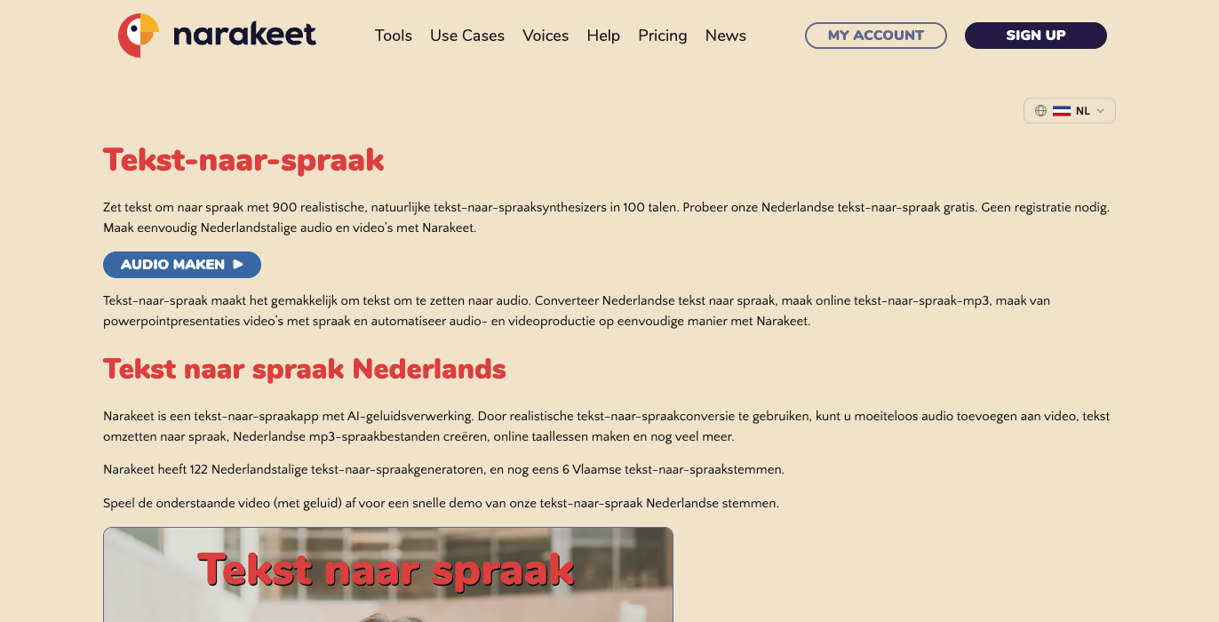 Narakeet pagina voor tekst naar spraak in het Nederlands met 122 Nederlandse en 6 Vlaamse stemmen