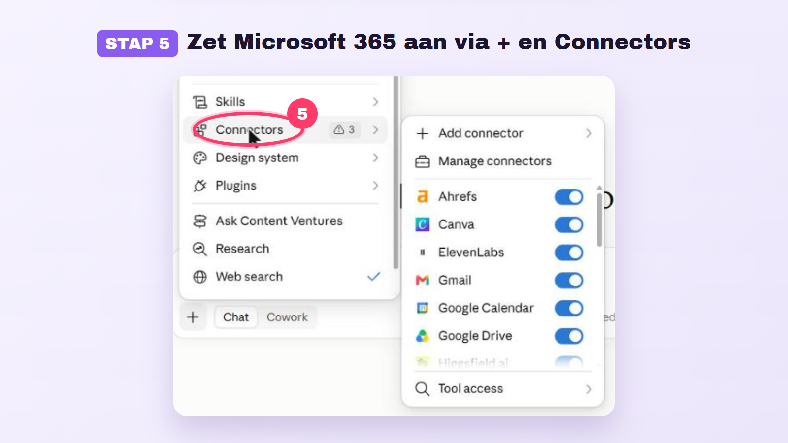 Stap 5: zet Microsoft 365 aan via het plusje en Connectors