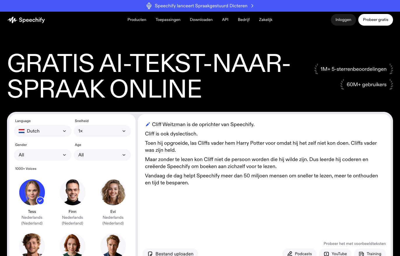 Speechify tekst naar spraak met taal Nederlands en de stemmen Tess, Finn en Evi uit Nederland