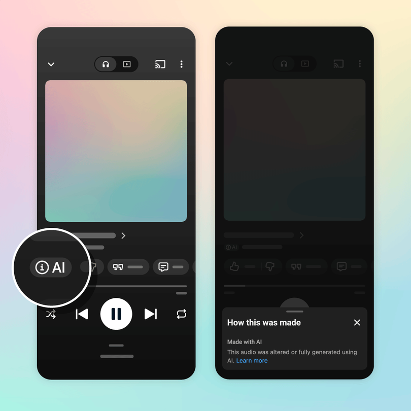 Het AI-label in de speler van YouTube Music en het menu Hoe dit is gemaakt
